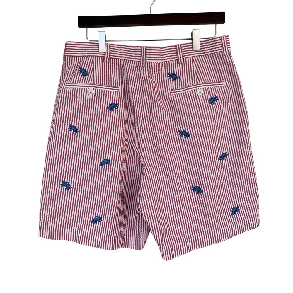 Brooks Brothers 346 Mens Red White Seersucker Crab Embroidered Shorts Size 35 - Picture 2 of 10